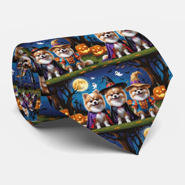 Pomeranian Dogs Pumpkin Halloween Funny  Neck Tie (Rolled)