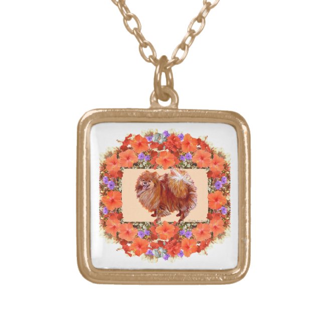 Pomeranian Floral Gold Plated Necklace (Front)
