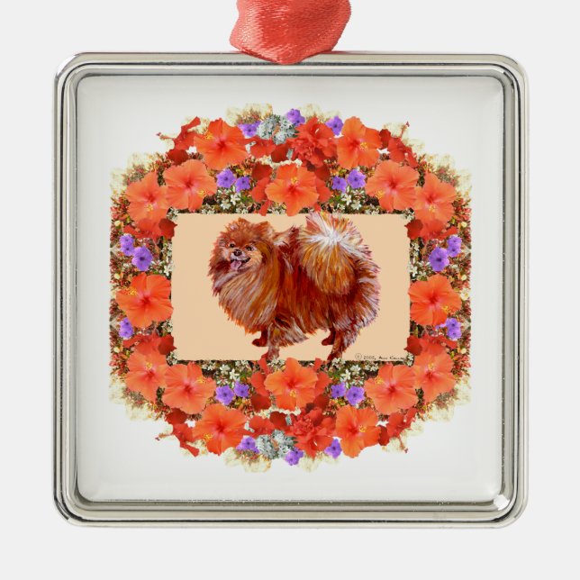 Pomeranian Floral Metal Ornament (Front)