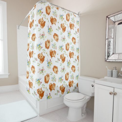 Pomeranian Floral Shower Curtain