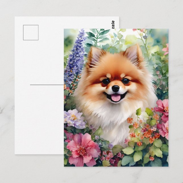 Pomeranian Floral Watercolor Portrait Postcard (Front/Back)