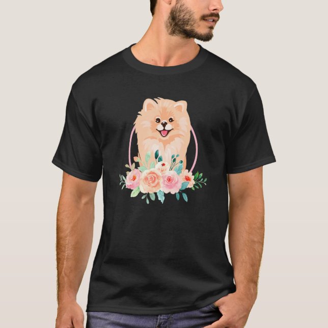 Pomeranian Flowers Pommy Pom Dog Breed German Spit T-Shirt (Front)