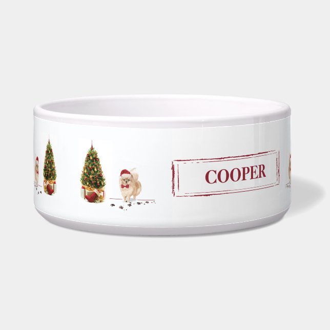 Pomeranian Funny Christmas Dog with Tree Bowl (Left)