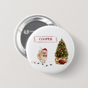 Pomeranian Funny Christmas Dog with Tree Button