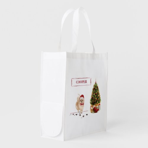 Pomeranian Funny Christmas Dog with Tree Grocery Bag