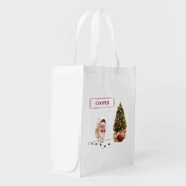 Pomeranian Funny Christmas Dog with Tree Grocery Bag (Front Side)