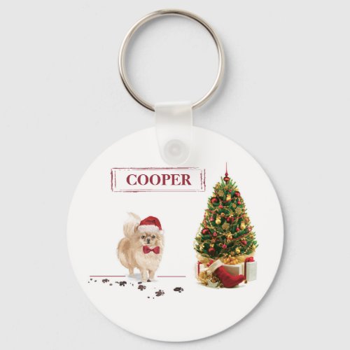 Pomeranian Funny Christmas Dog with Tree Keychain