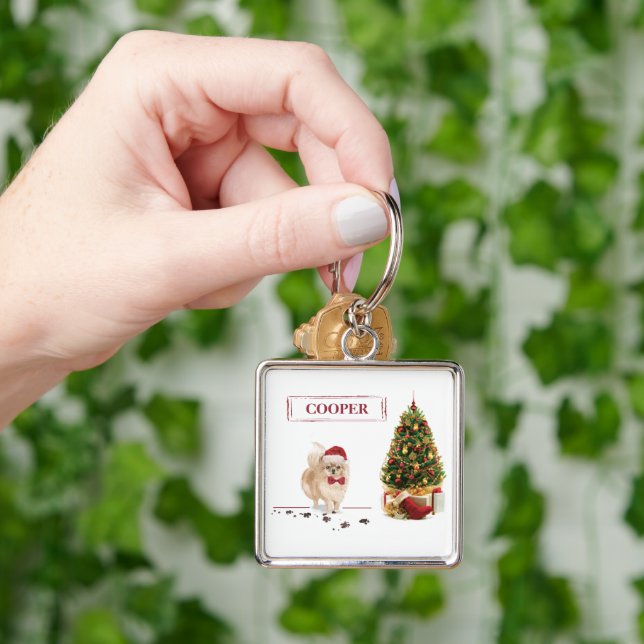 Pomeranian Funny Christmas Dog with Tree Keychain (Hand)