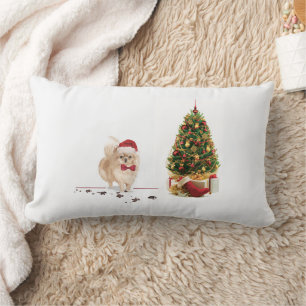 Pomeranian Funny Christmas Dog with Tree Lumbar Pillow