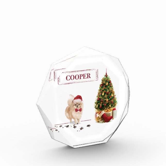 Pomeranian Funny Christmas Dog with Tree Photo Block (Left)