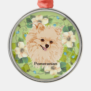 Pomeranian - Green Leaf Design Metal Ornament