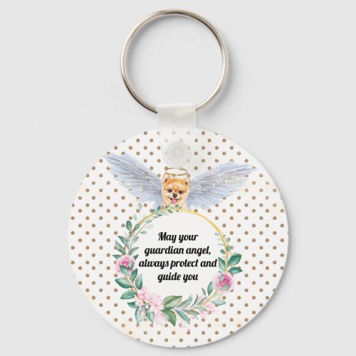 Pomeranian guardian angel polka dot wreath quote keychain