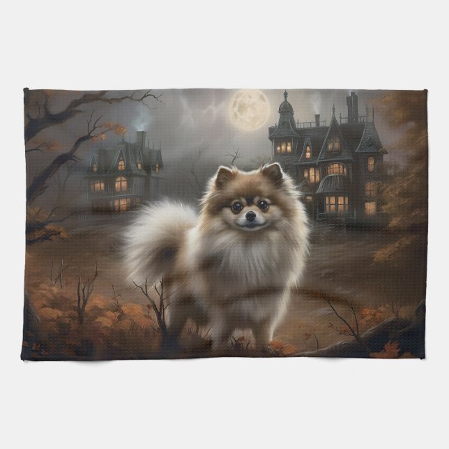 Pomeranian Halloween Scary Kitchen Towel (Horizontal)