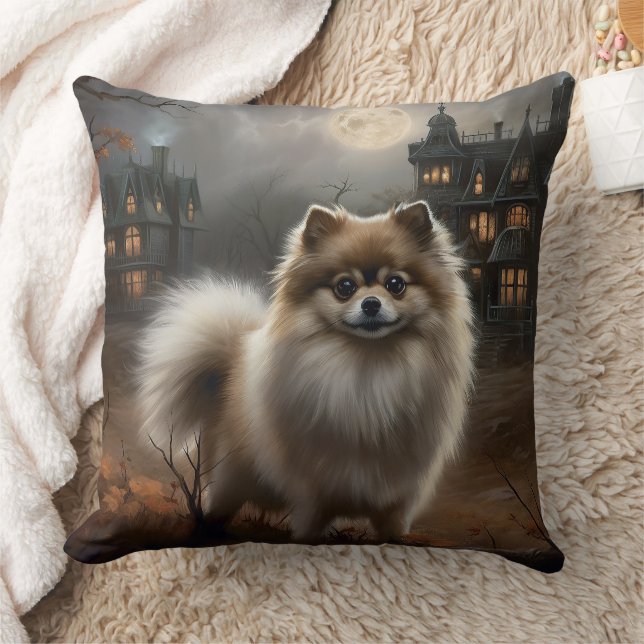 Pomeranian Halloween Scary Throw Pillow (Blanket)
