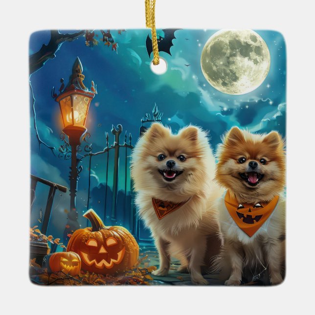 Pomeranian Halloween Spooky Ceramic Ornament (Front)