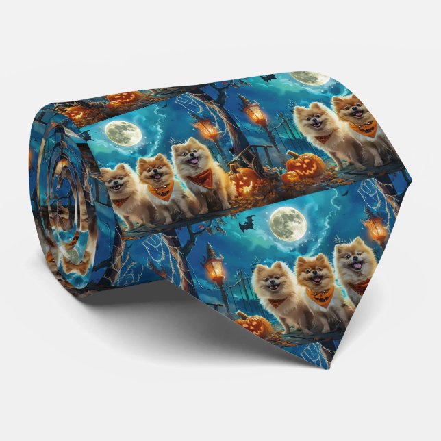 Pomeranian Halloween Spooky Neck Tie (Rolled)