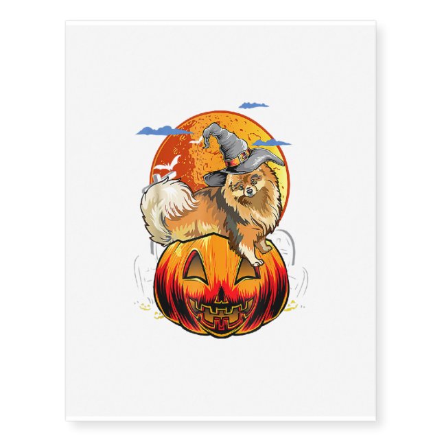 Pomeranian Halloween With Pumpkin Hat Witch Funny Temporary Tattoos (Front)