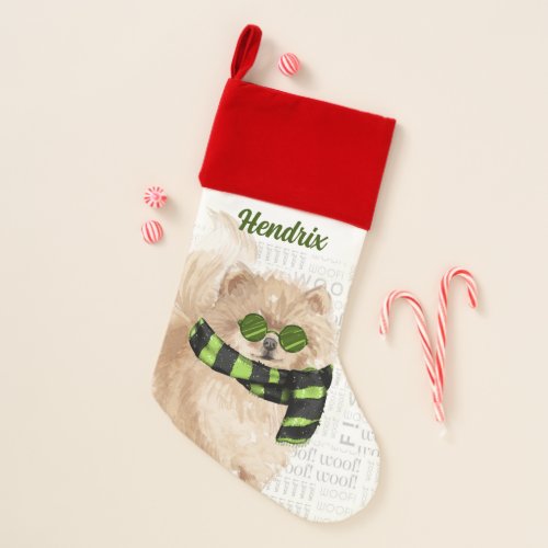 Pomeranian Holiday Dog with Name Christmas Stocking