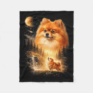 Pomeranian Howling to The Moon Vintage Mystical Fleece Blanket