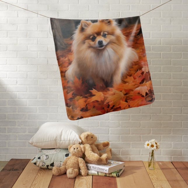 Pomeranian in Autumn Leaves Fall Inspire  Baby Blanket (In Situ)
