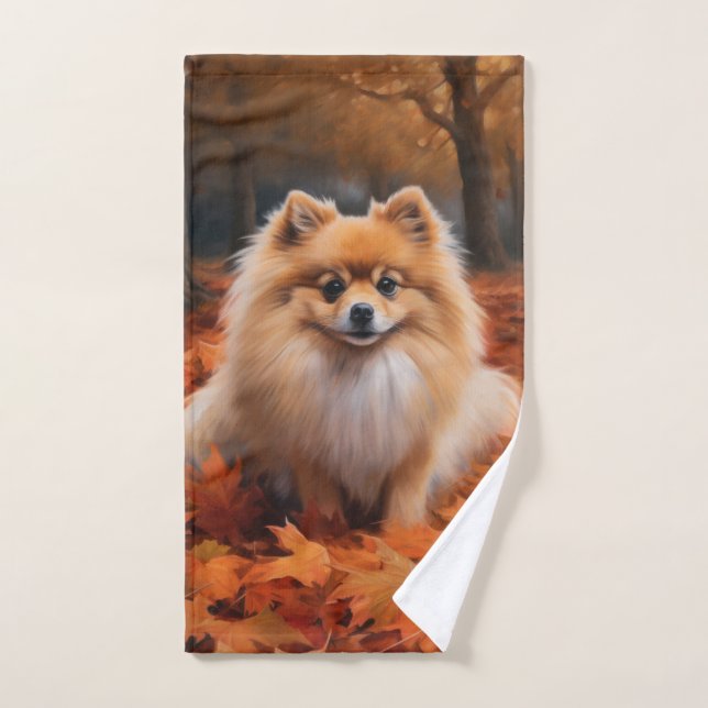 Pomeranian in Autumn Leaves Fall Inspire  Bath Towel Set (Hand Towel)