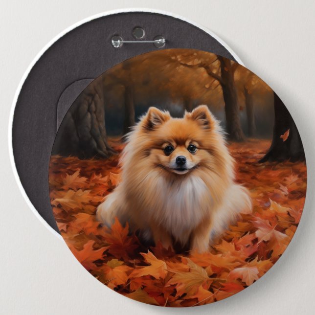 Pomeranian in Autumn Leaves Fall Inspire  Button (Front & Back)