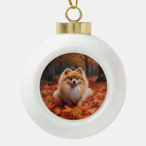 Pomeranian in Autumn Leaves Fall Inspire  Ceramic Ball Christmas Ornament