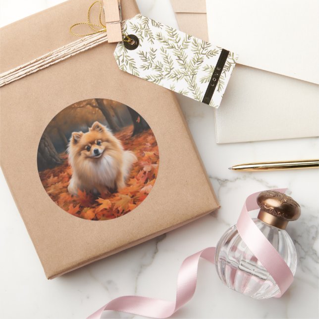 Pomeranian in Autumn Leaves Fall Inspire  Classic Round Sticker (Gifting)
