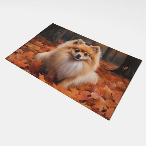 Pomeranian in Autumn Leaves Fall Inspire  Doormat