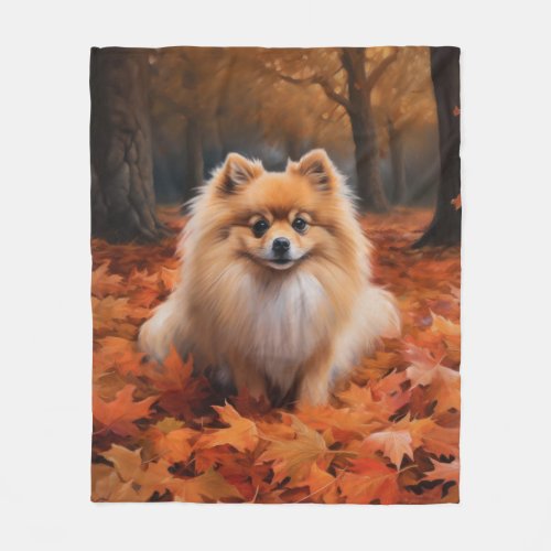 Pomeranian in Autumn Leaves Fall Inspire  Fleece Blanket