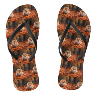 Pomeranian in Autumn Leaves Fall Inspire  Flip Flops