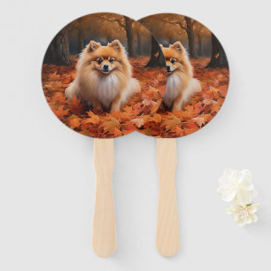 Pomeranian in Autumn Leaves Fall Inspire Hand Fan