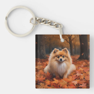 Pomeranian in Autumn Leaves Fall Inspire Keychain