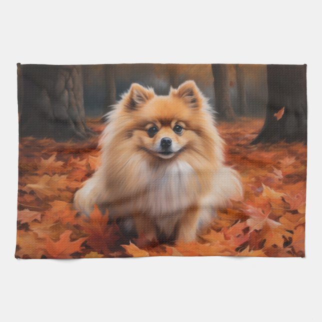 Pomeranian in Autumn Leaves Fall Inspire  Kitchen Towel (Horizontal)