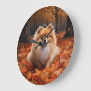 Pomeranian in Autumn Leaves Fall Inspire Large Clock