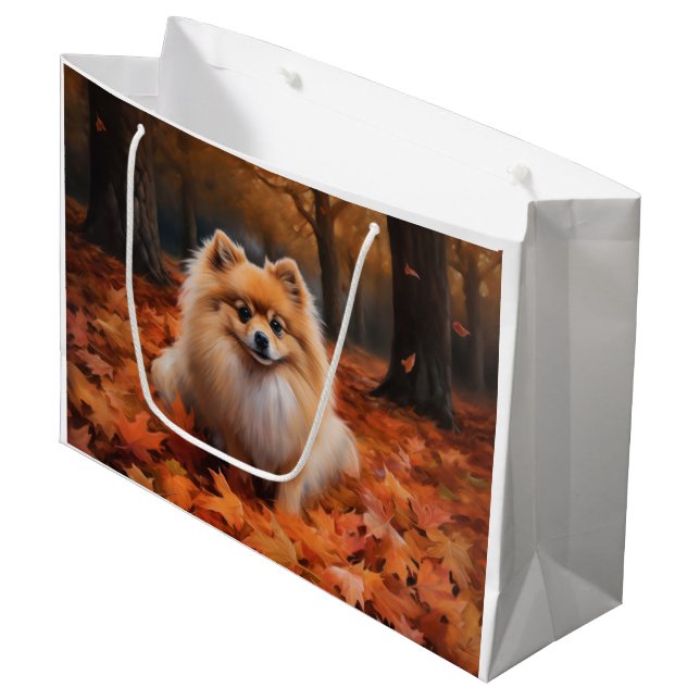 Pomeranian in Autumn Leaves Fall Inspire  Large Gift Bag (Front Angled)