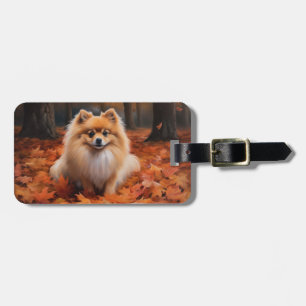 Pomeranian in Autumn Leaves Fall Inspire Luggage Tag