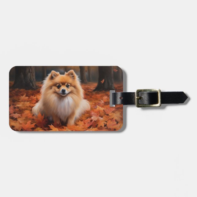 Pomeranian in Autumn Leaves Fall Inspire  Luggage Tag (Front Horizontal)
