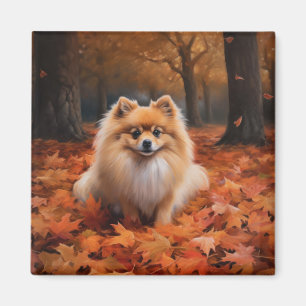 Pomeranian in Autumn Leaves Fall Inspire Magnet