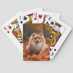 Pomeranian in Autumn Leaves Fall Inspire Poker Cards