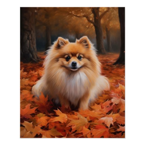 Pomeranian in Autumn Leaves Fall Inspire  Poster