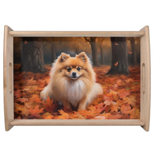 Pomeranian in Autumn Leaves Fall Inspire  Serving Tray