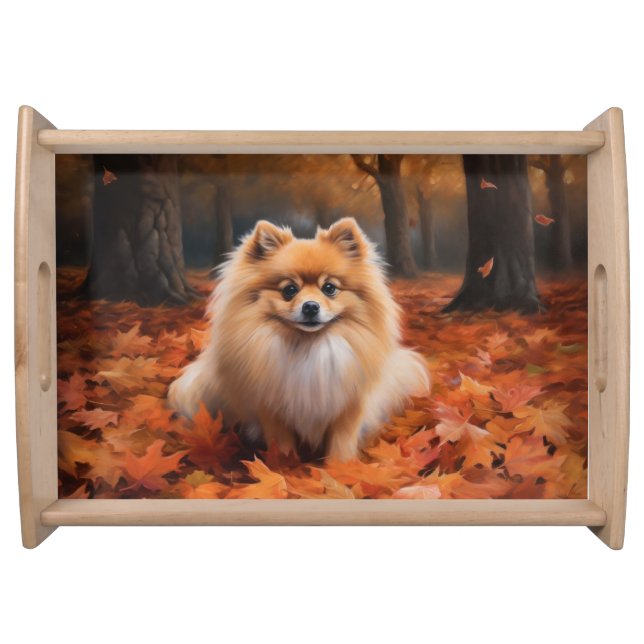 Pomeranian in Autumn Leaves Fall Inspire  Serving Tray (Front)