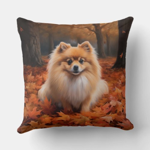 Pomeranian in Autumn Leaves Fall Inspire  Throw Pillow