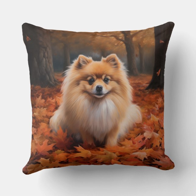 Pomeranian in Autumn Leaves Fall Inspire  Throw Pillow (Back)
