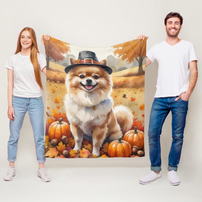 Pomeranian In Autumn Leaves Thanksgiving Art  Fleece Blanket (In Situ)