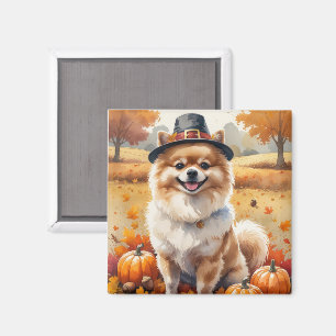 Pomeranian In Autumn Leaves Thanksgiving Art  Magnet