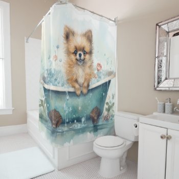 Pomeranian In Bathtub Watercolor Dog Art Shower Curtain by aashiarsh at Zazzle