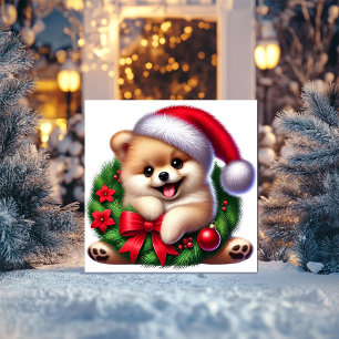Pomeranian in Christmas Wreath Holiday Card
