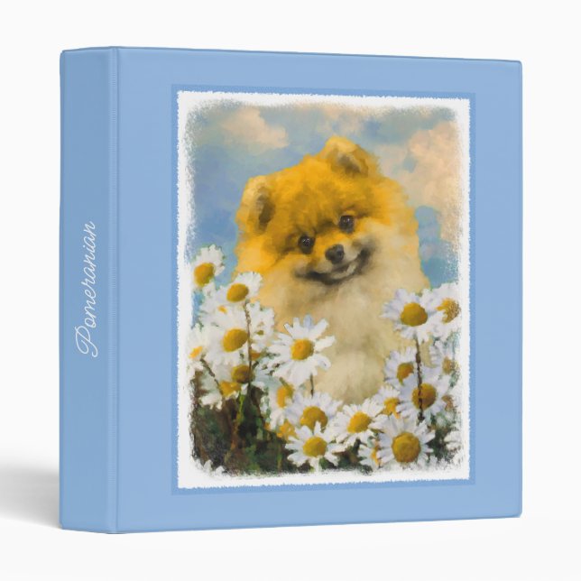 Pomeranian in Daisies Painting - Original Dog Art  3 Ring Binder (Front/Spine)